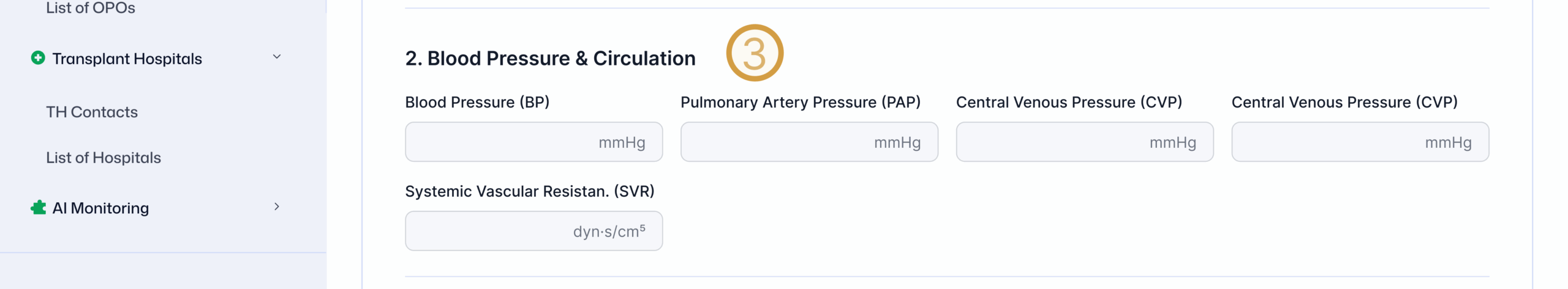 Blood pressure and circulation section of organ donor evaluation form, including pulmonary artery pressure and central venous pressure inputs