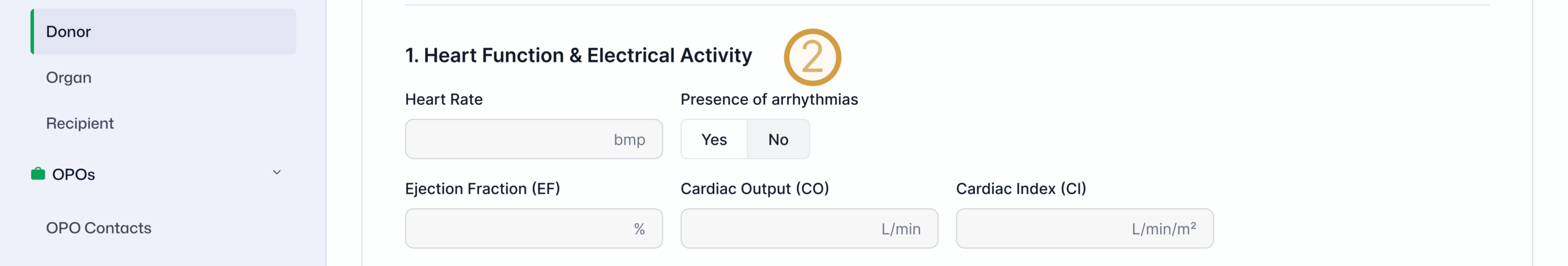 Heart function and electrical activity input screen in transplant donor evaluation platform, including heart rate, ejection fraction, cardiac output, and arrhythmia tracking