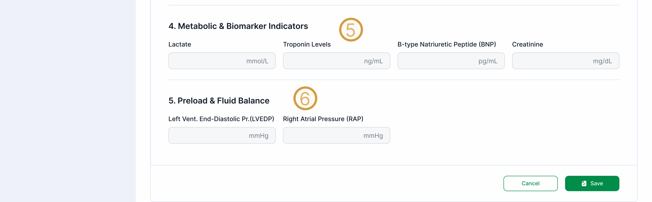 Metabolic biomarkers and preload metrics in organ donor screening form including lactate, troponin, BNP, LVEDP, and RAP values
